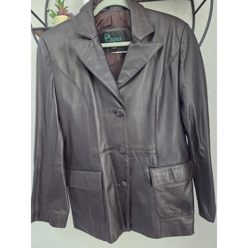 Di Capra Leather Blazer Jacket Womens Dark Brown 3-Button Flap Pockets